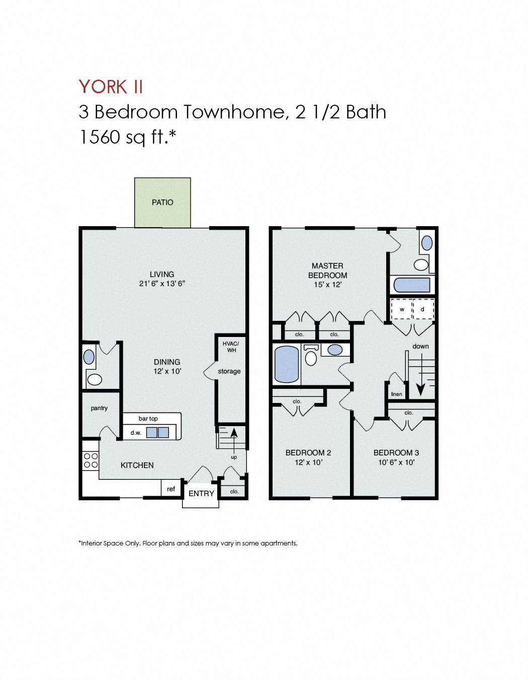 Floor plan for 3 beds, 2.5 baths, 1560 sqft